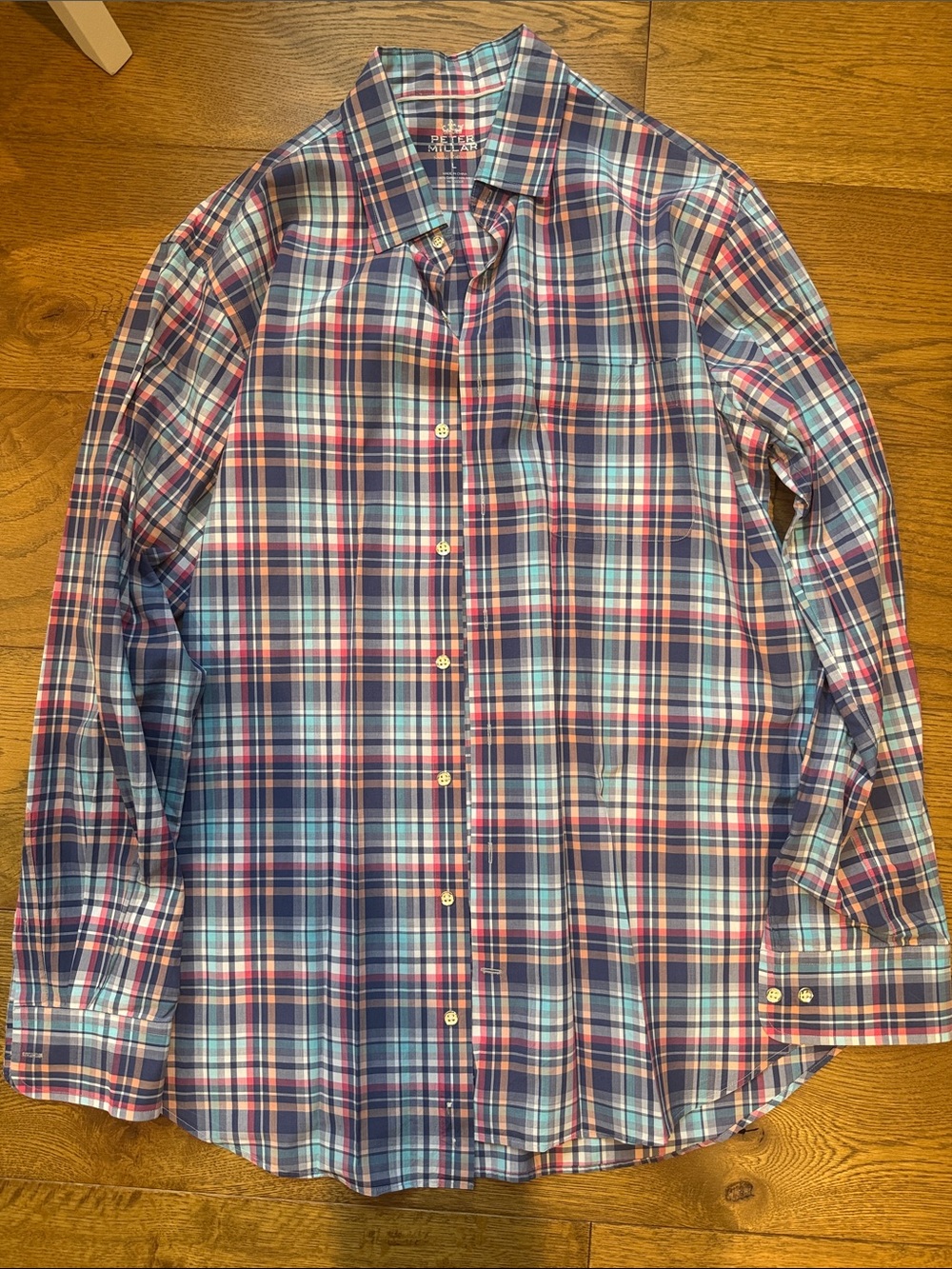 Peter Millar- seaside Plaid Button-Down Dress Shirt in Blue and Pink - size L